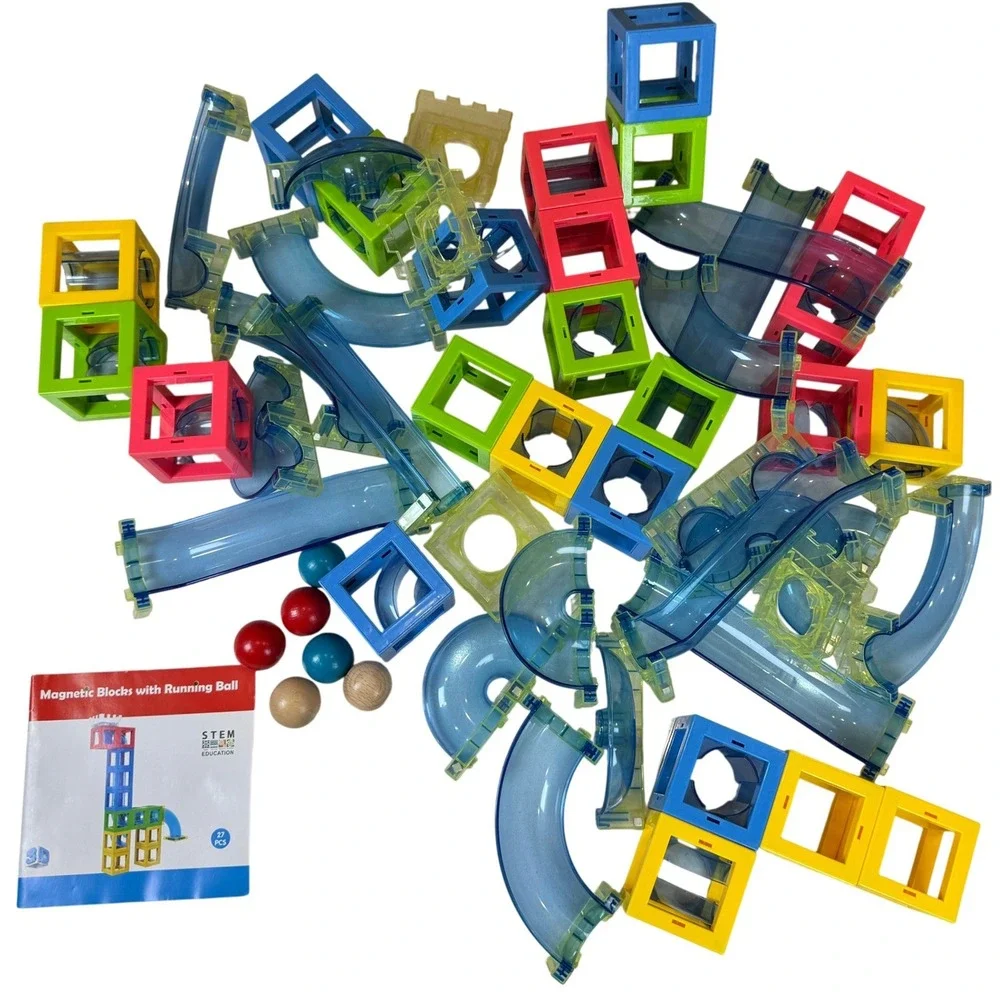 Magnetic Blocks with Running Ball STEM Building Set 54 Pieces Wooden BallsManual